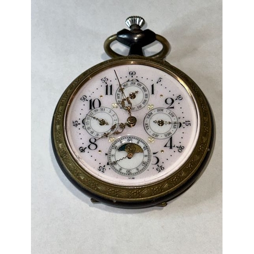 346 - Large Rare Antique Calendar Moonphase Pocket Watch with Beautiful Pink Face & Very Ornate Hands & Ca... 