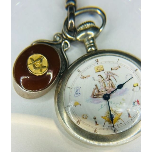 353 - Equity Watch Co Pocket Watch with 'a Le Roy's' Colourful Face on Vintage Silver Albert Chain - T-Bar... 