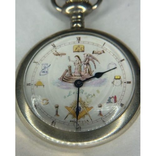 353 - Equity Watch Co Pocket Watch with 'a Le Roy's' Colourful Face on Vintage Silver Albert Chain - T-Bar... 