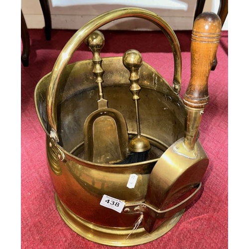 438 - Large Brass Helmet Coal Scuttle with Original Shovel + Extra Brass Brush & Shovel