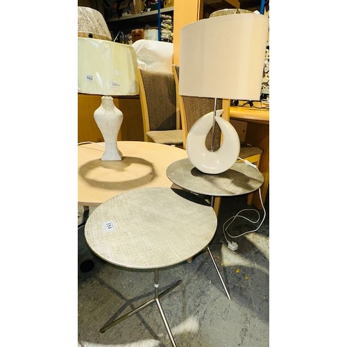 554 - Pair Of Embossed Metal Side Tables With Ceramic Swirl Table Lamp & Shade