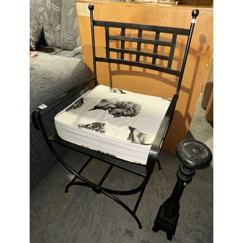 560 - Heavy Cast Iron Chair With Grecian Cushion + Heavy Cast Iron Candle Holder