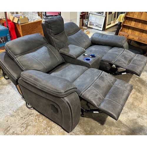 229 - Grey Nubuck 2 Seater Electric Recliner with Storage & Bluetooth/Phone Charger (Hinges On Storage Nee... 