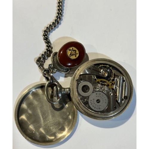 353 - Equity Watch Co Pocket Watch with 'a Le Roy's' Colourful Face on Vintage Silver Albert Chain - T-Bar... 