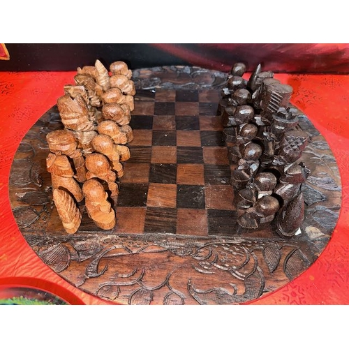 392 - Ornate Wood Carved Circular Chess Board & Pieces