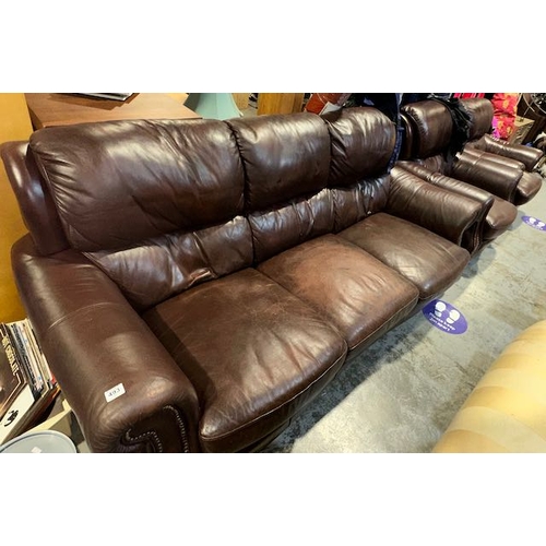 493 - Brown Leather 3 + 1 + 1 Suite With Stud Detail