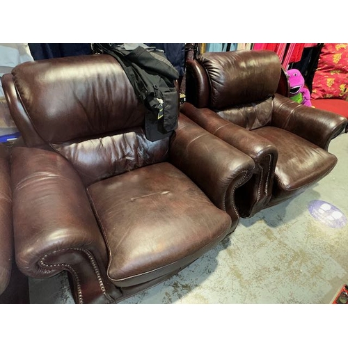 493 - Brown Leather 3 + 1 + 1 Suite With Stud Detail