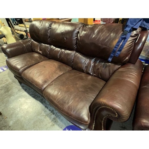 493 - Brown Leather 3 + 1 + 1 Suite With Stud Detail