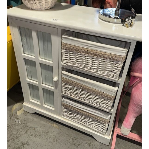 521 - White 1 Door Cabinet With 3 x Wicker Shelves