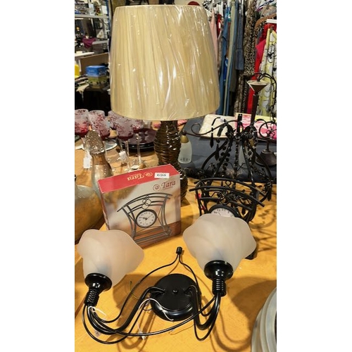 698 - Large Gold Table lamp & Shade + Black Bead Ceiling Shade + 2 x Metal Work Mantle Clock + Wall Light