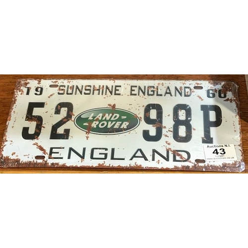 43 - Metal Number Plate Sign - Land Rover Sunshine England 1960 - Approx 1' x 6