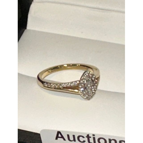 397 - 9ct Yellow Gold 0.30ct Marquise Cut Solitaire with Single Halo & Split Diamond Shoulder Ring