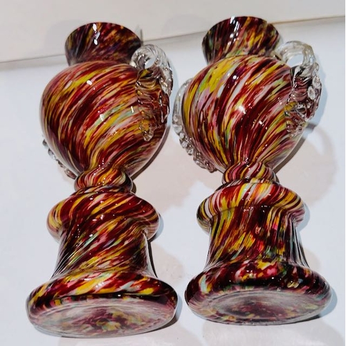 474 - Pair of Victorian Welz Splatter Glass Trophy Vases