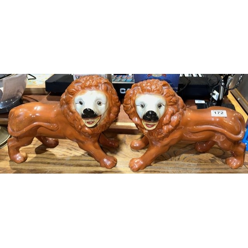 172 - Pair of Vintage Staffordshire Lions with Glass Eyes (One Repaired Leg)