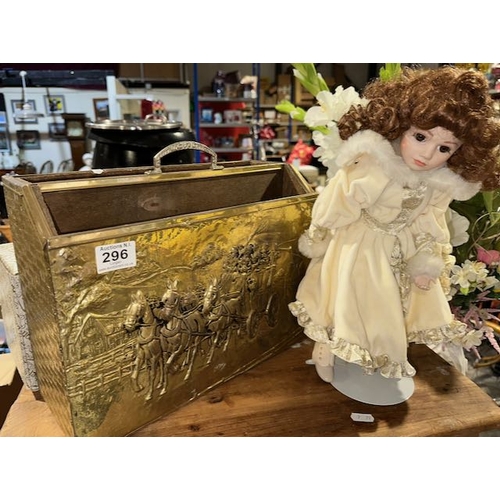 296 - Brass Plated Magazine Rack + Boxed Porcelain Doll