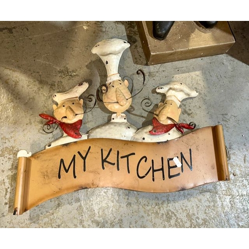 532 - Butler Statue with Tray (One Hand Missing) + Metal My Kitchen Sign