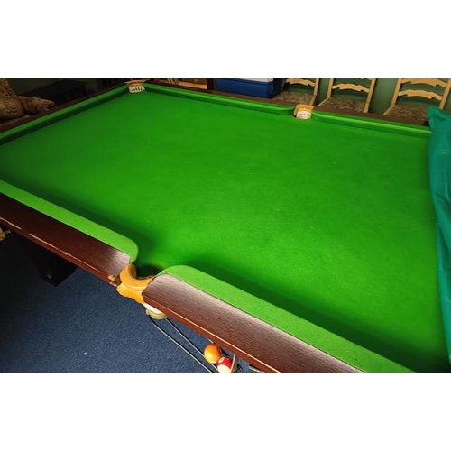 366 - Snooker Table Appx 9'x6' To Include 2 Sets of Snooker Balls, Set of Pool Balls, 2xWall Mounted Cue R... 