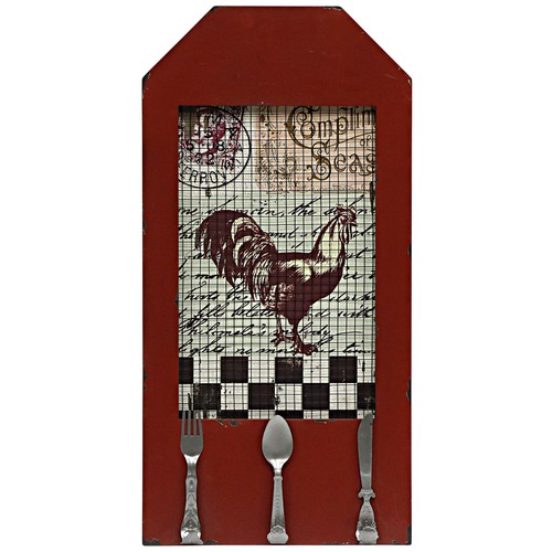 959 - Pair of Red Farmyard Wall Plaque with Hooks Made from Cutlery - 30x60cm (5764372)