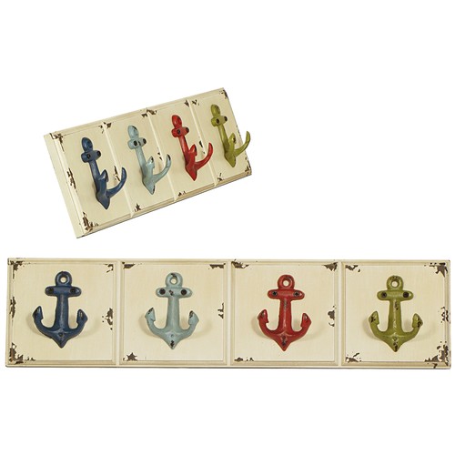 961 - Nautical Wall Mounted Coat Rack with 4 Anchor Double Hooks - 60x6x15cm (5810095)