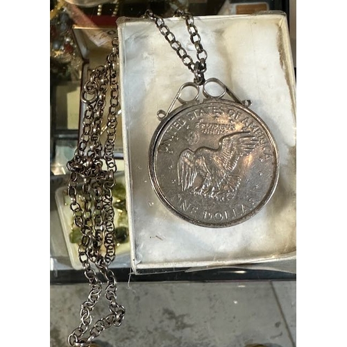 395 - Silver Belcher Necklace with Silver Coin Mount Pendant Containing a Churchill Crown & a US Dollar