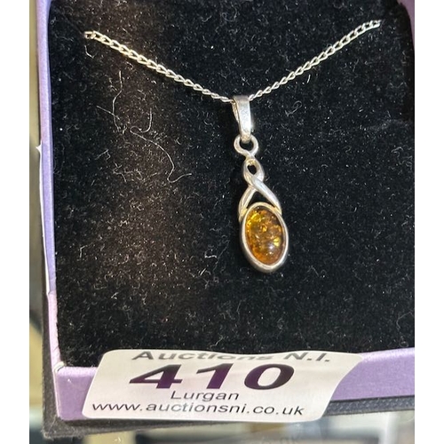 410 - Silver Necklace with Ornate Celtic Amber Pendant