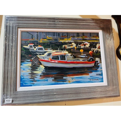 432 - Large Framed Ronald Keefer Oil on Board - Boats at the Harbour - 32x23