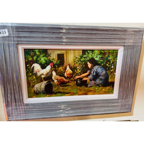 433 - Framed Donal Mc Naughton Oil on Board - Feeding the Chickens - 26x18