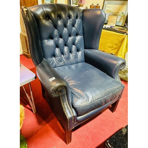 457 - Navy Leather Buttoned Chesterfield Wingback Armchair