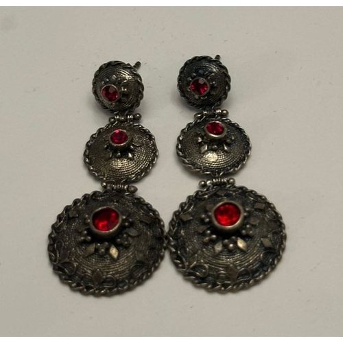 39 - Pair of 835 Continental Silver Red Stone Ornate Drop Earrings