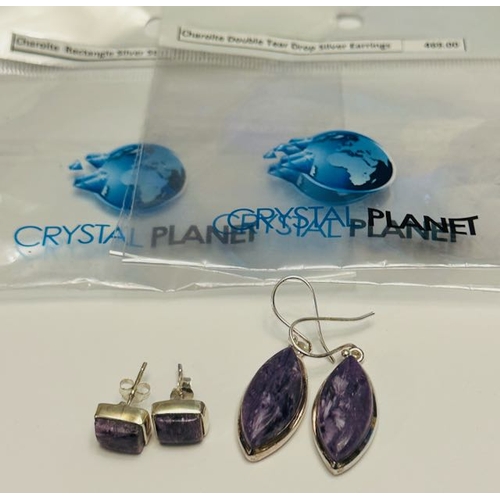 8 - Pair of Silver Charoite Rectangular + Pair of Silver Charoite Teardrop Earrings