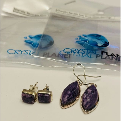 8 - Pair of Silver Charoite Rectangular + Pair of Silver Charoite Teardrop Earrings