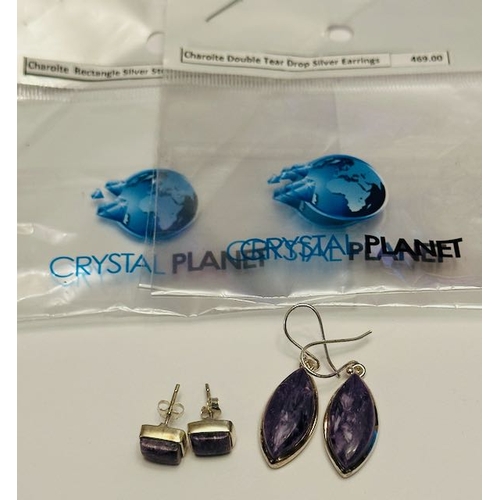 8 - Pair of Silver Charoite Rectangular + Pair of Silver Charoite Teardrop Earrings