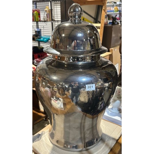 201 - Pair Of Large Heavy Chrome Finish Lidded Urns - 1 With Repair