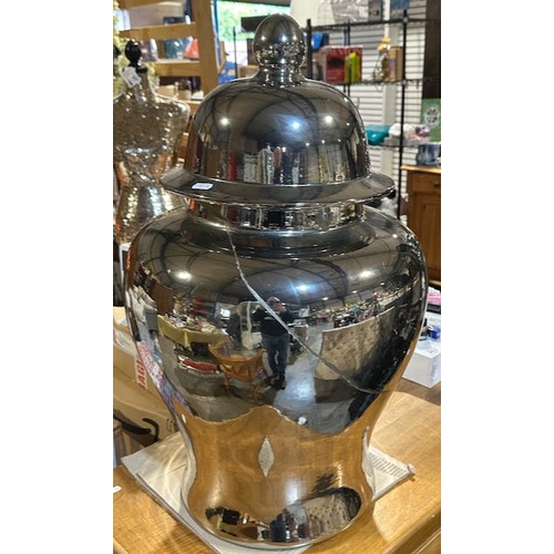 201 - Pair Of Large Heavy Chrome Finish Lidded Urns - 1 With Repair