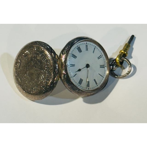 290 - Ornate Vintage Silver Pocket Watch with Key