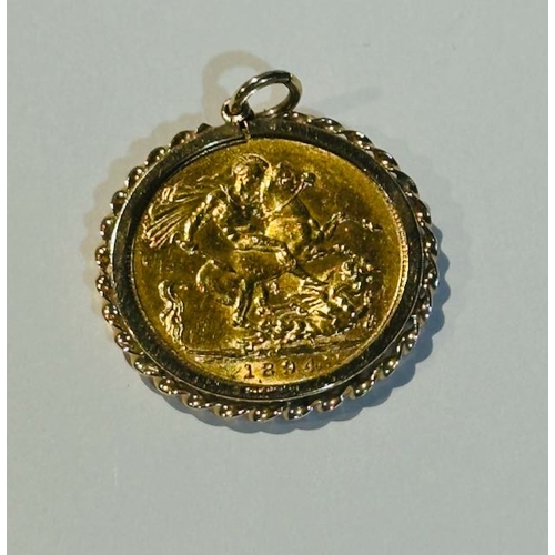 293 - 1894 Sovereign Queen Victoria Old Head Sydney Mint Mark in Ornate 9ct Pendant Mount