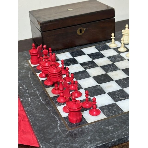 401 - Victorian Carved Bone Chess Set in Antique Box on Marble Board