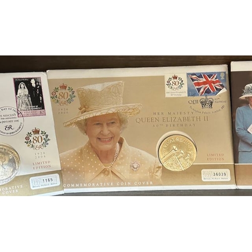 406 - 5x Commemorative Coin Ltd Ed Cover Crowns - Her Majesty Queen Elizabeth II 80th Birthday