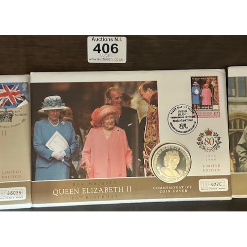 406 - 5x Commemorative Coin Ltd Ed Cover Crowns - Her Majesty Queen Elizabeth II 80th Birthday