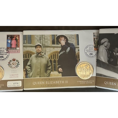 406 - 5x Commemorative Coin Ltd Ed Cover Crowns - Her Majesty Queen Elizabeth II 80th Birthday