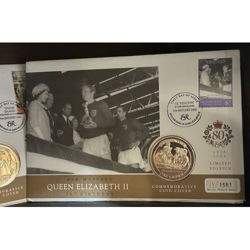 406 - 5x Commemorative Coin Ltd Ed Cover Crowns - Her Majesty Queen Elizabeth II 80th Birthday