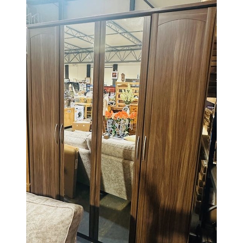 446 - Walnut Effect 4 Door Wardrobe With Mirrors