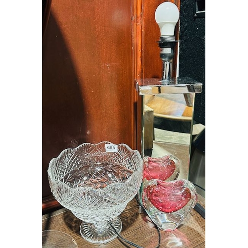 698 - Mirrored Table Lamp + Large Lagan Crystal Bowl(with Inscription)