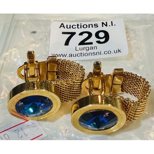 729 - Set Of Vintage Gold Coloured Wrap Around Cuff Links With Blue Stone