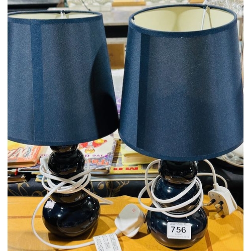 756 - pair Of Navy Stacked Stone Effect Table lamps With Shades