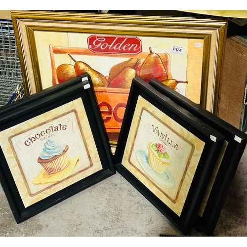 804 - Large Framed Pear Print + 4 x Framed Cupcake Prints