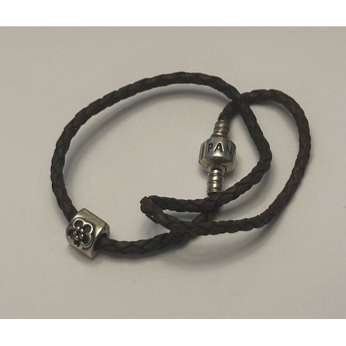 954 - Pandora Brown Leather Double Bracelet with Floral Charm