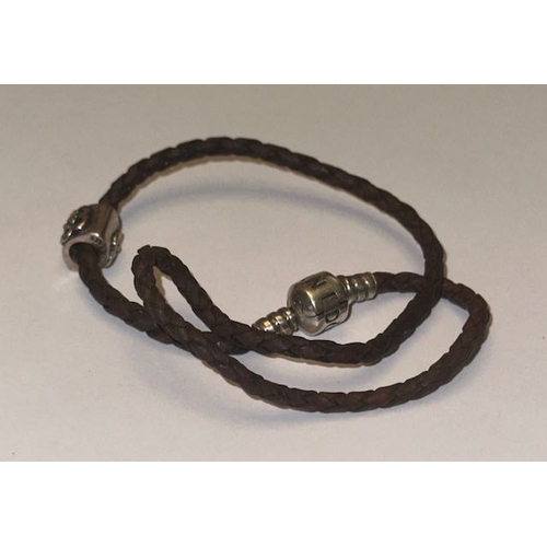 954 - Pandora Brown Leather Double Bracelet with Floral Charm