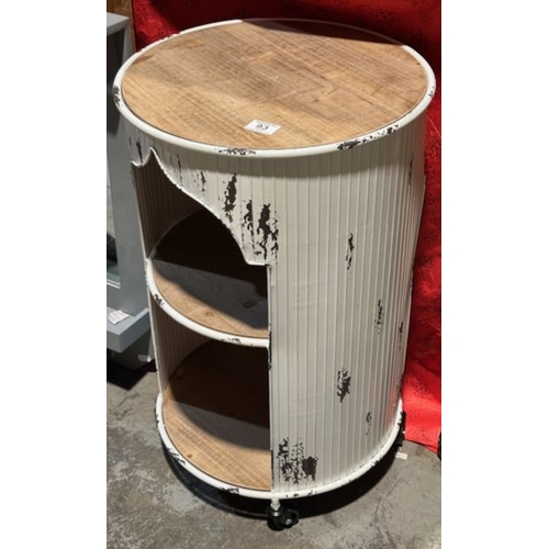 93 - Metal Drum Table On casters With Wooden Shelves