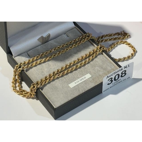 308 - 9ct Gold Rope Necklace 28inch